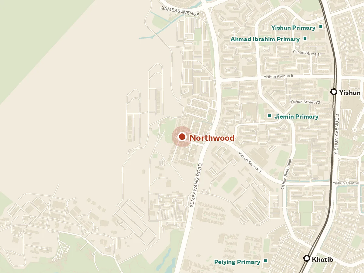 Map of the area around Northwood, with nearby MRT stations and primary schools