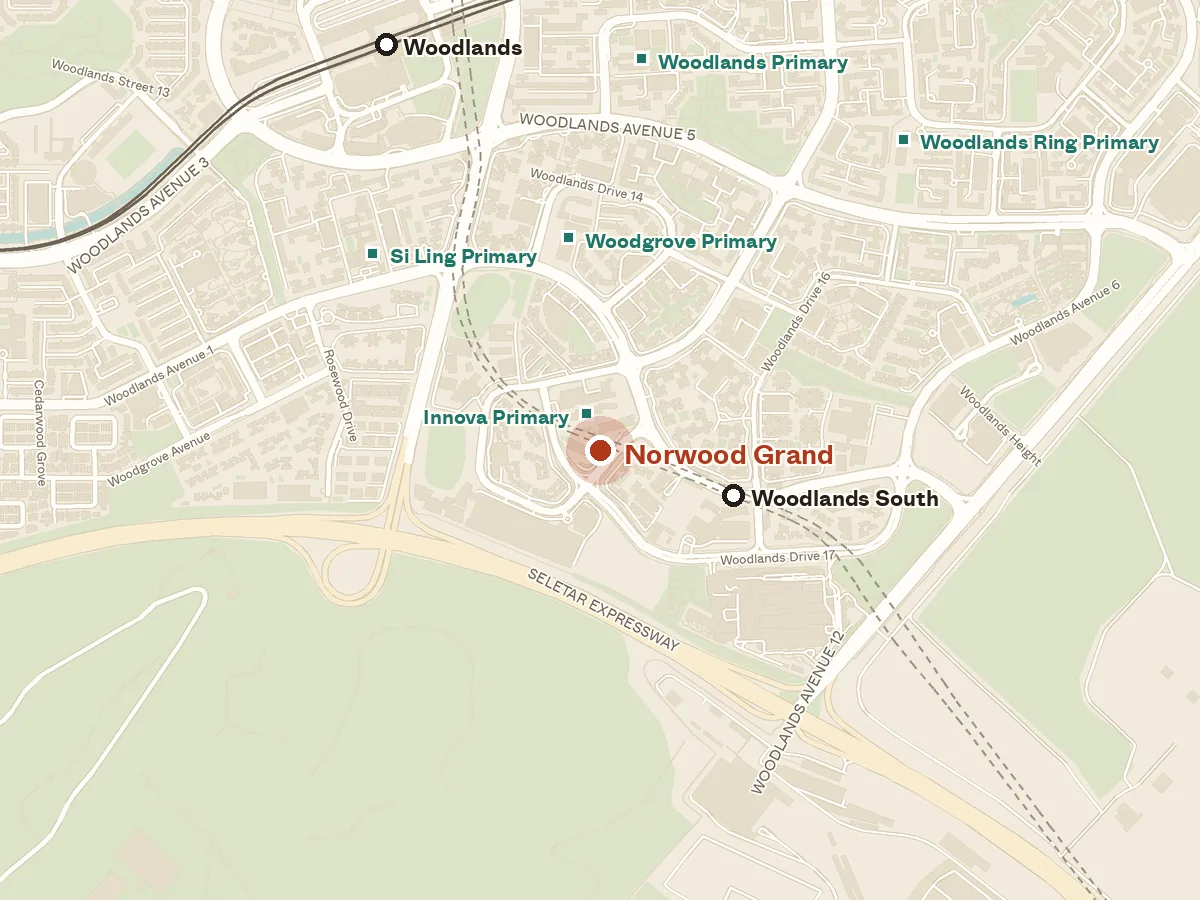 Map of the area around Norwood Grand, with nearby MRT stations and primary schools