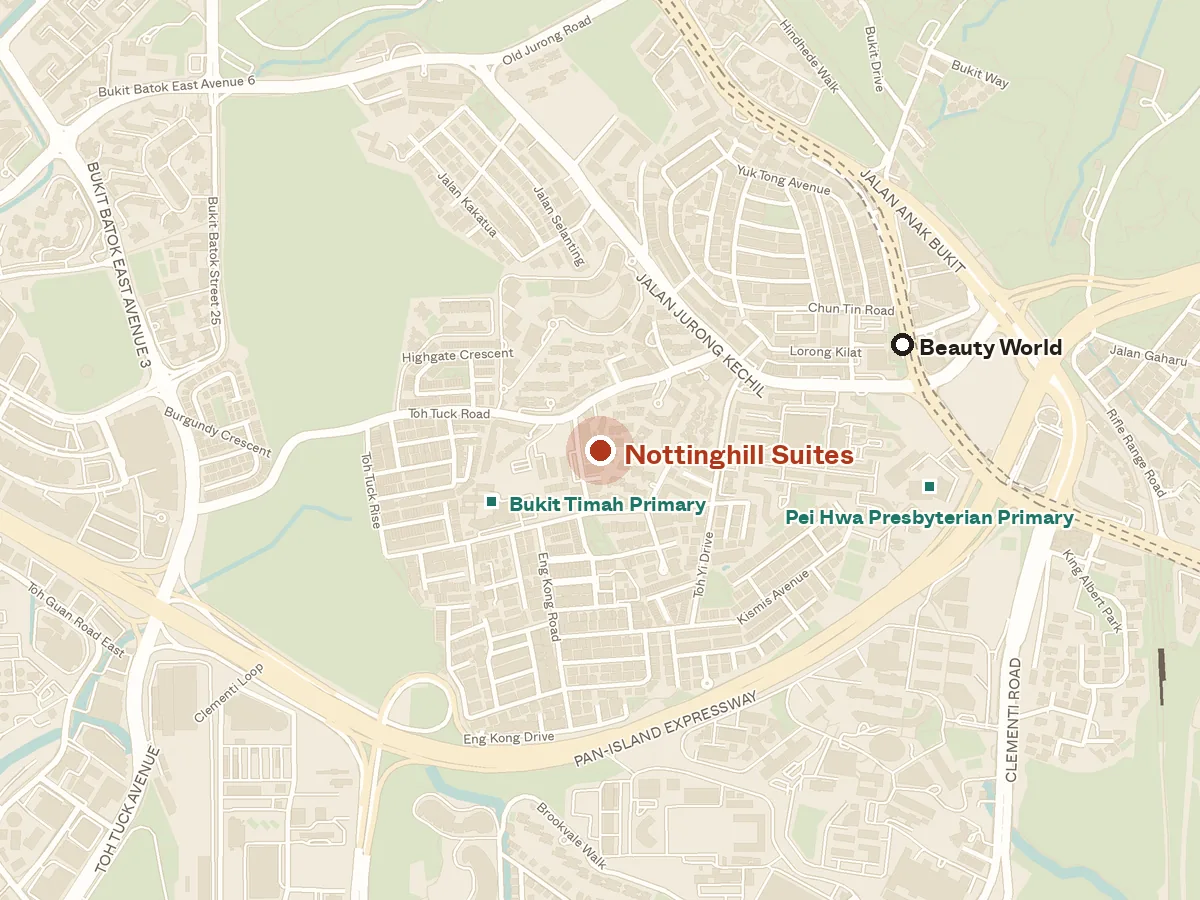 Map of the area around Nottinghill Suites, with nearby MRT stations and primary schools