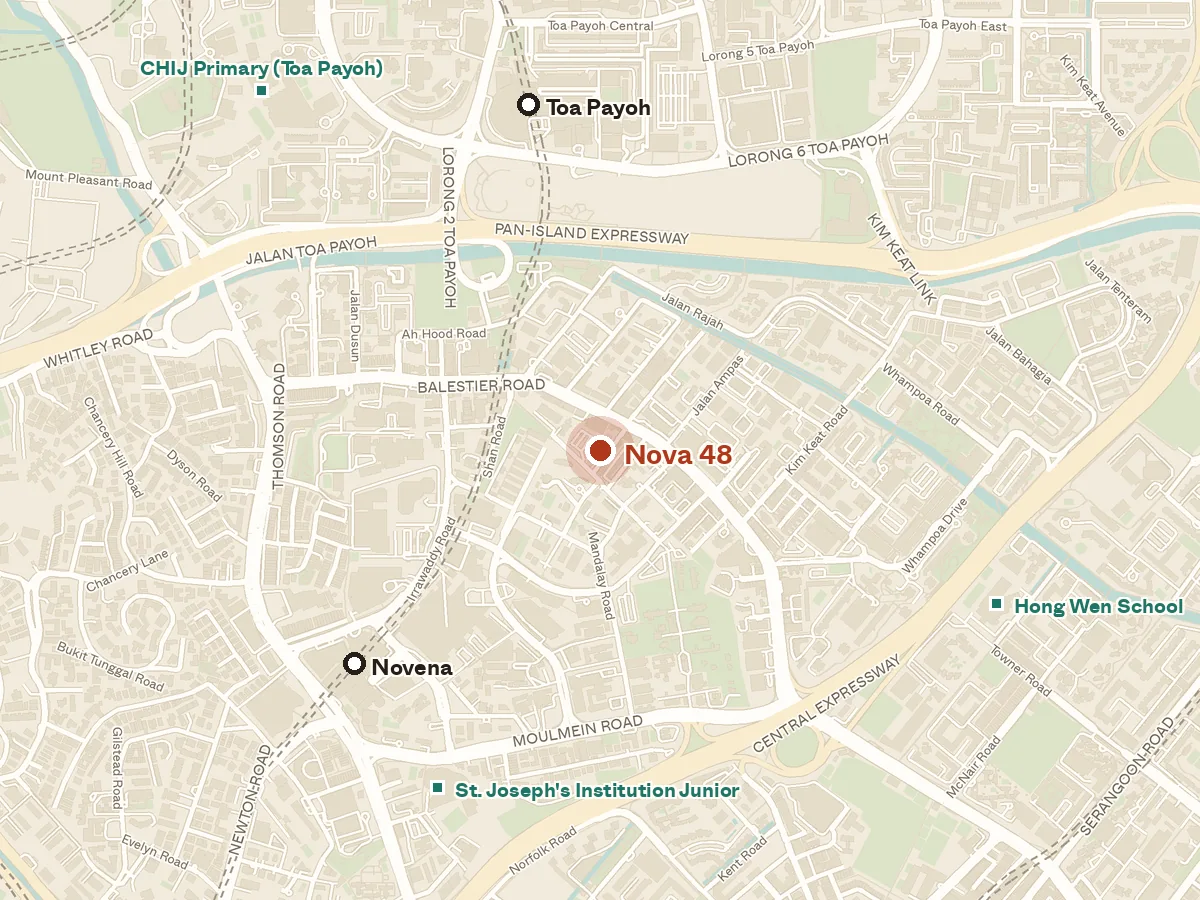 Map of the area around Nova 48, with nearby MRT stations and primary schools