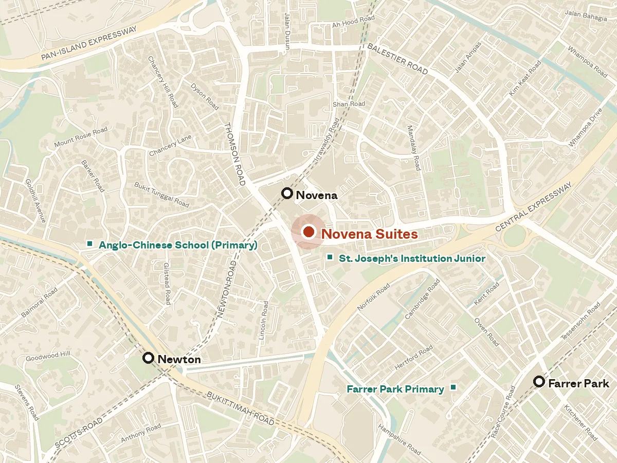 Map of the area around Novena Suites, with nearby MRT stations and primary schools