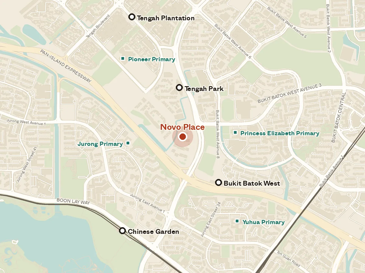 Map of the area around Novo Place, with nearby MRT stations and primary schools