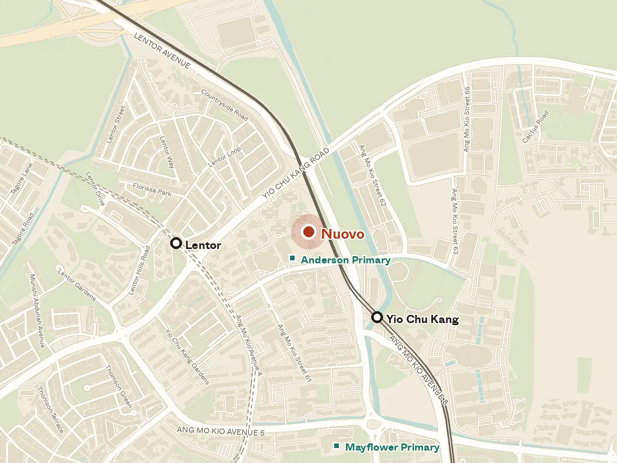 Map of the area around Nuovo, with nearby MRT stations and primary schools
