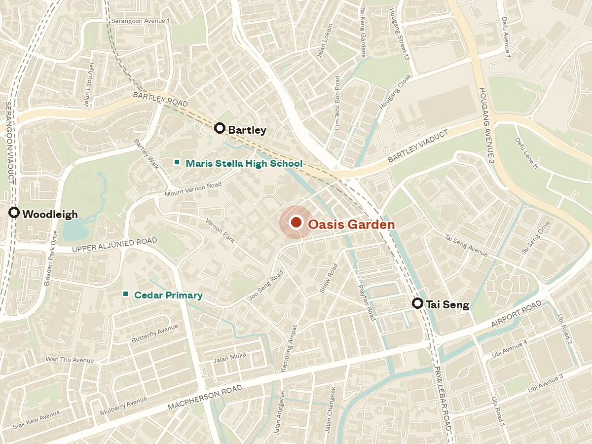 Map of the area around Oasis Garden, with nearby MRT stations and primary schools