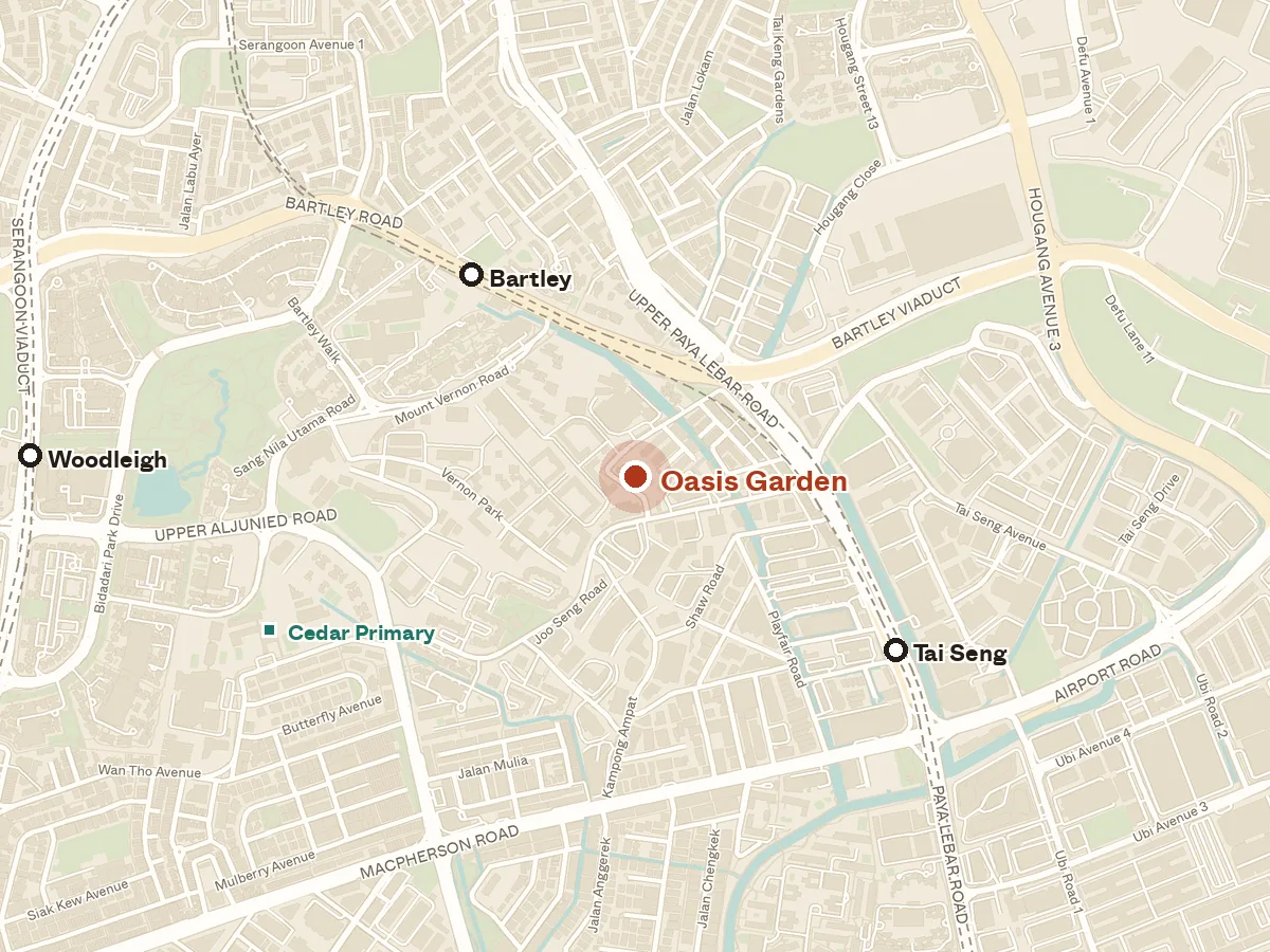Map of the area around Oasis Garden, with nearby MRT stations and primary schools