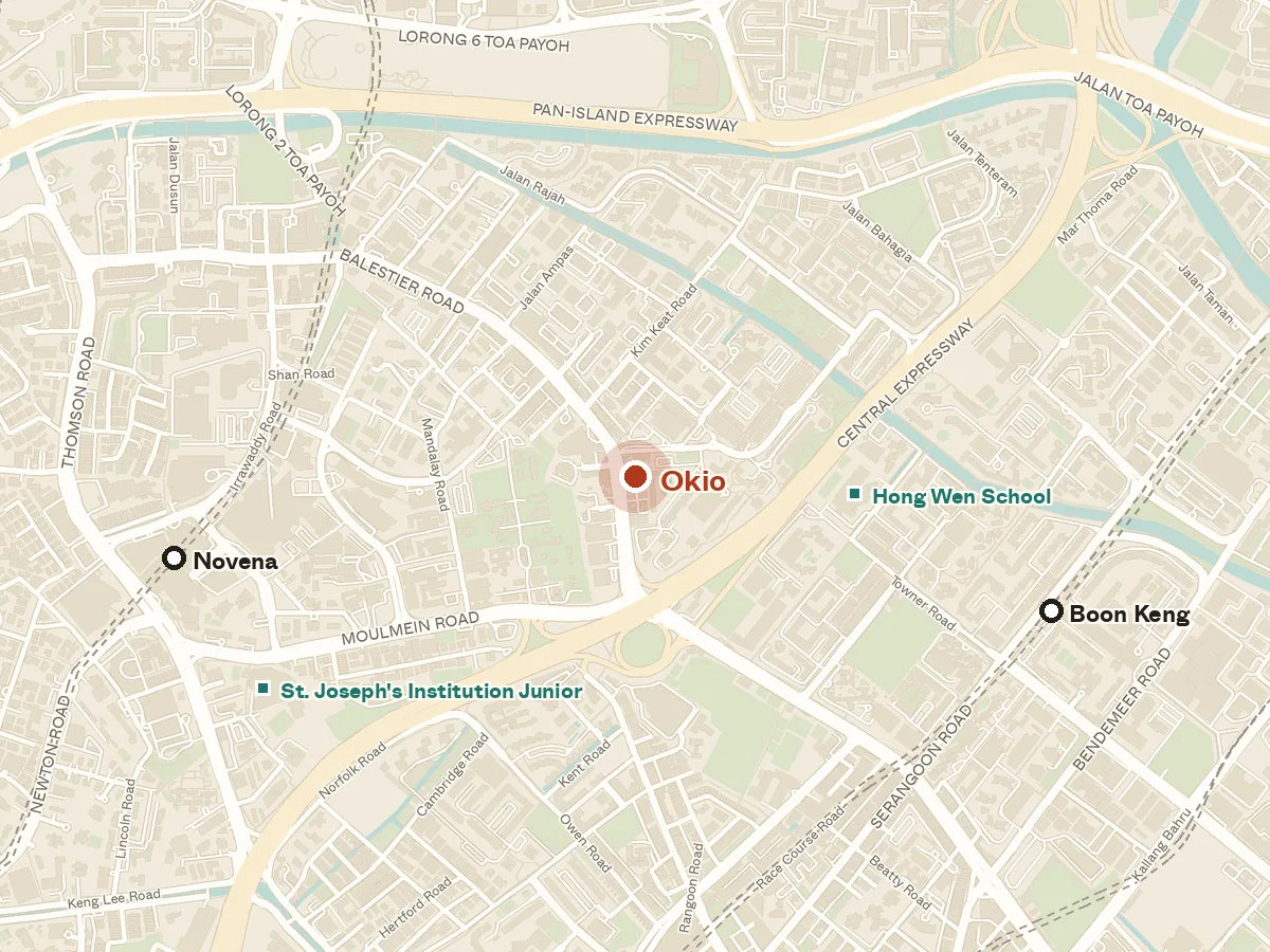 Map of the area around Okio, with nearby MRT stations and primary schools