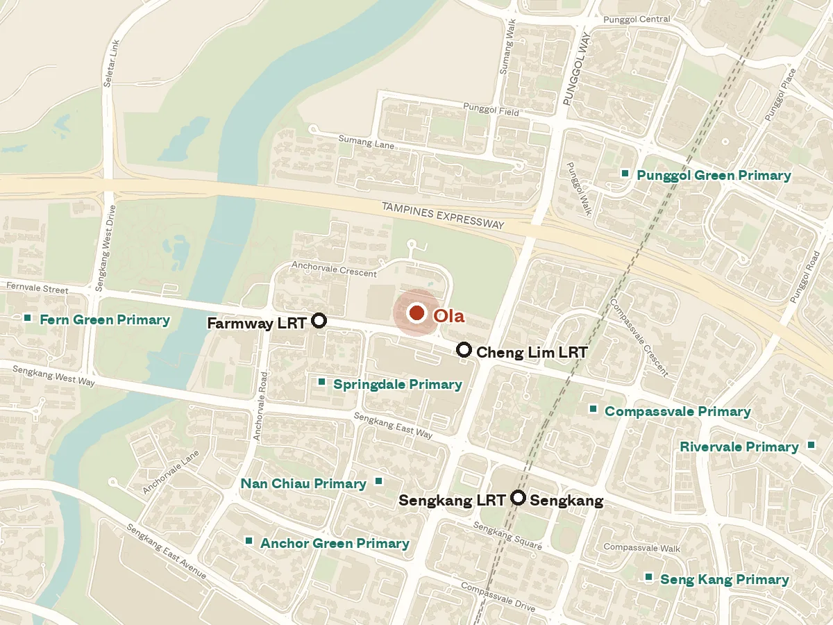 Map of the area around OLA, with nearby MRT stations and primary schools