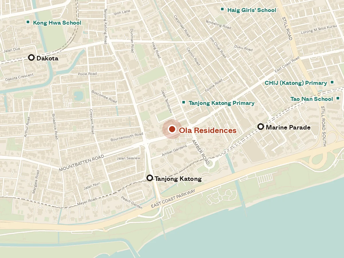 Map of the area around Ola Residences, with nearby MRT stations and primary schools