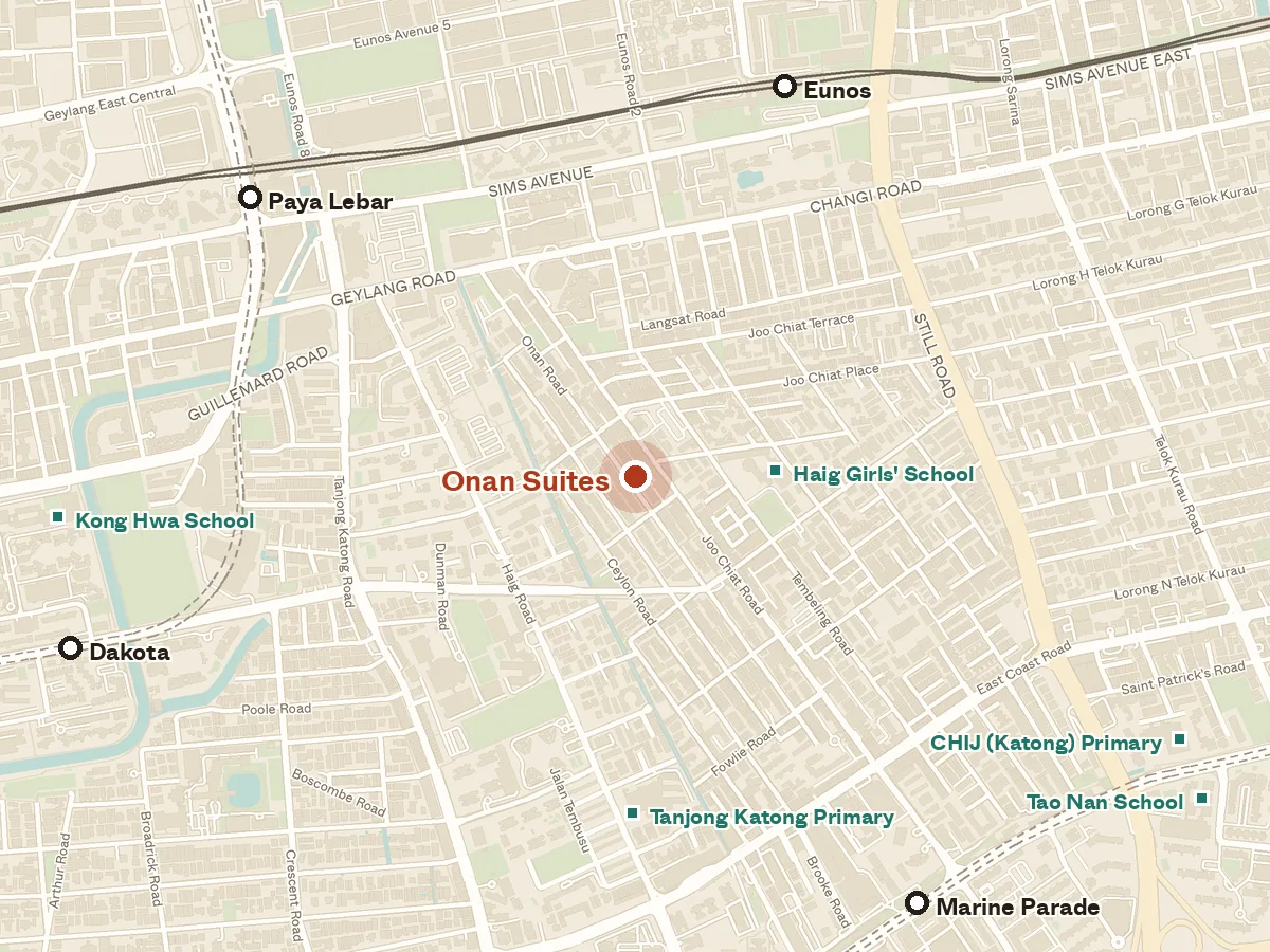 Map of the area around Onan Suites, with nearby MRT stations and primary schools