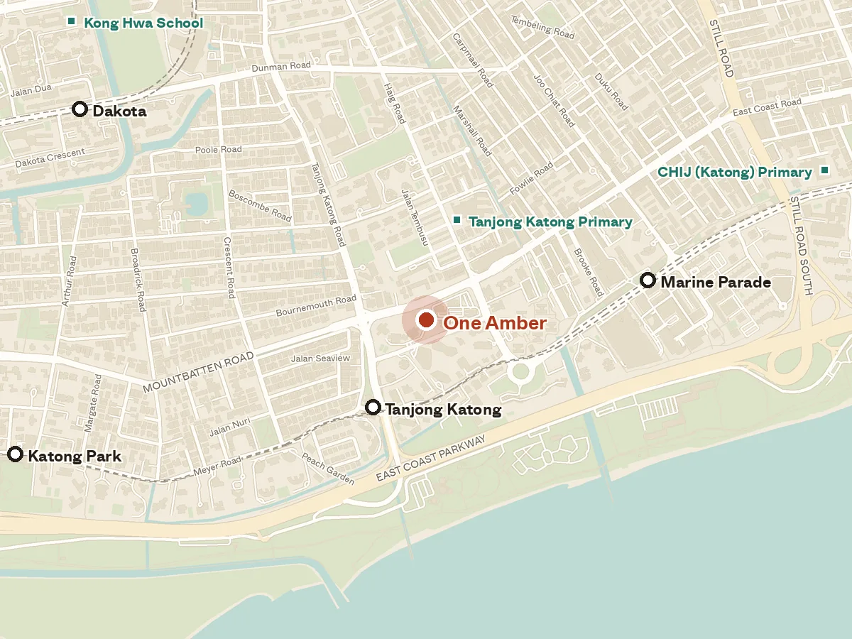 Map of the area around One Amber, with nearby MRT stations and primary schools