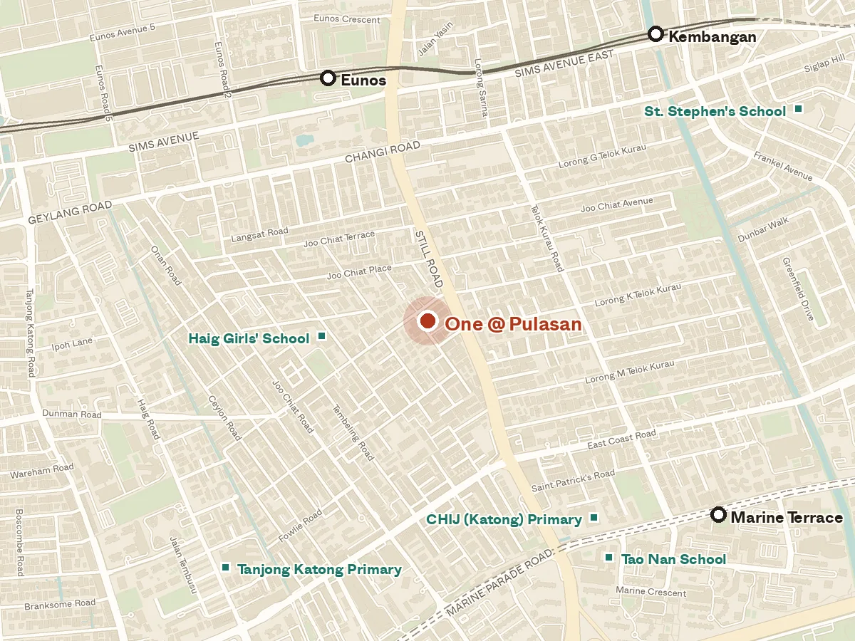 Map of the area around One @ Pulasan, with nearby MRT stations and primary schools
