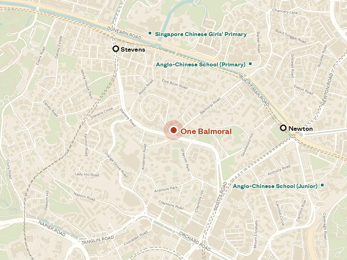 Map of the area around One Balmoral, with nearby MRT stations and primary schools