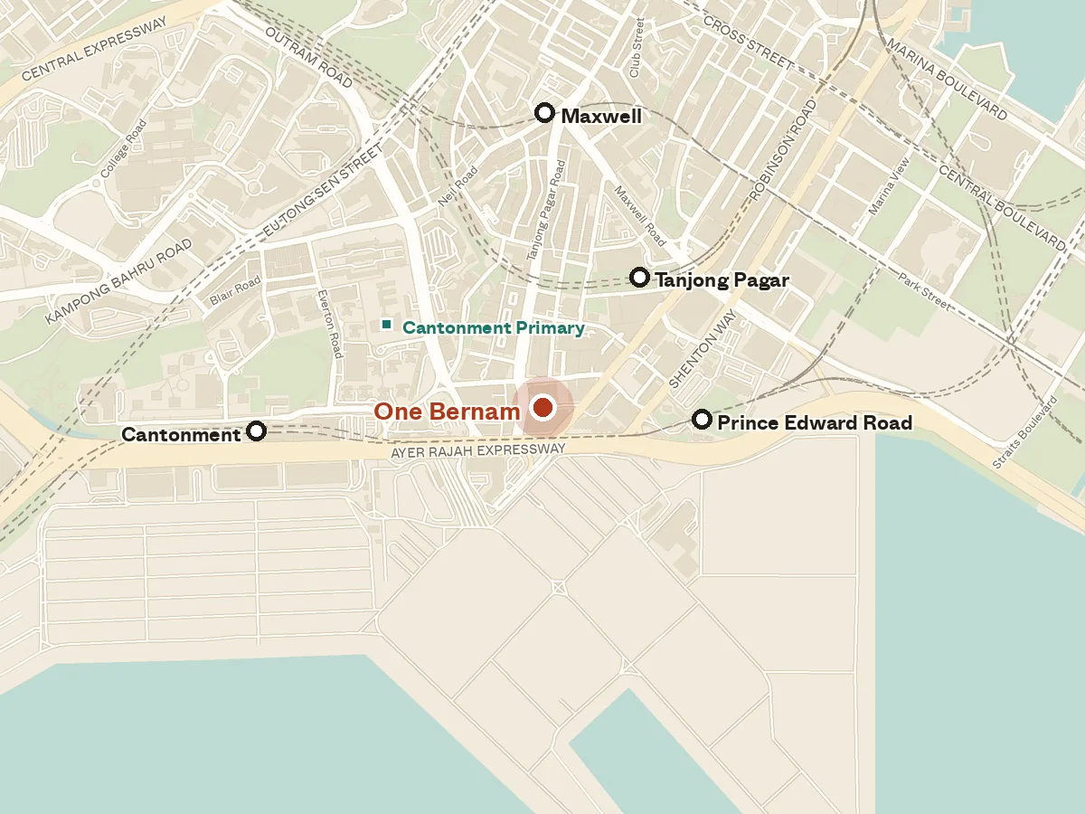 Map of the area around One Bernam, with nearby MRT stations and primary schools