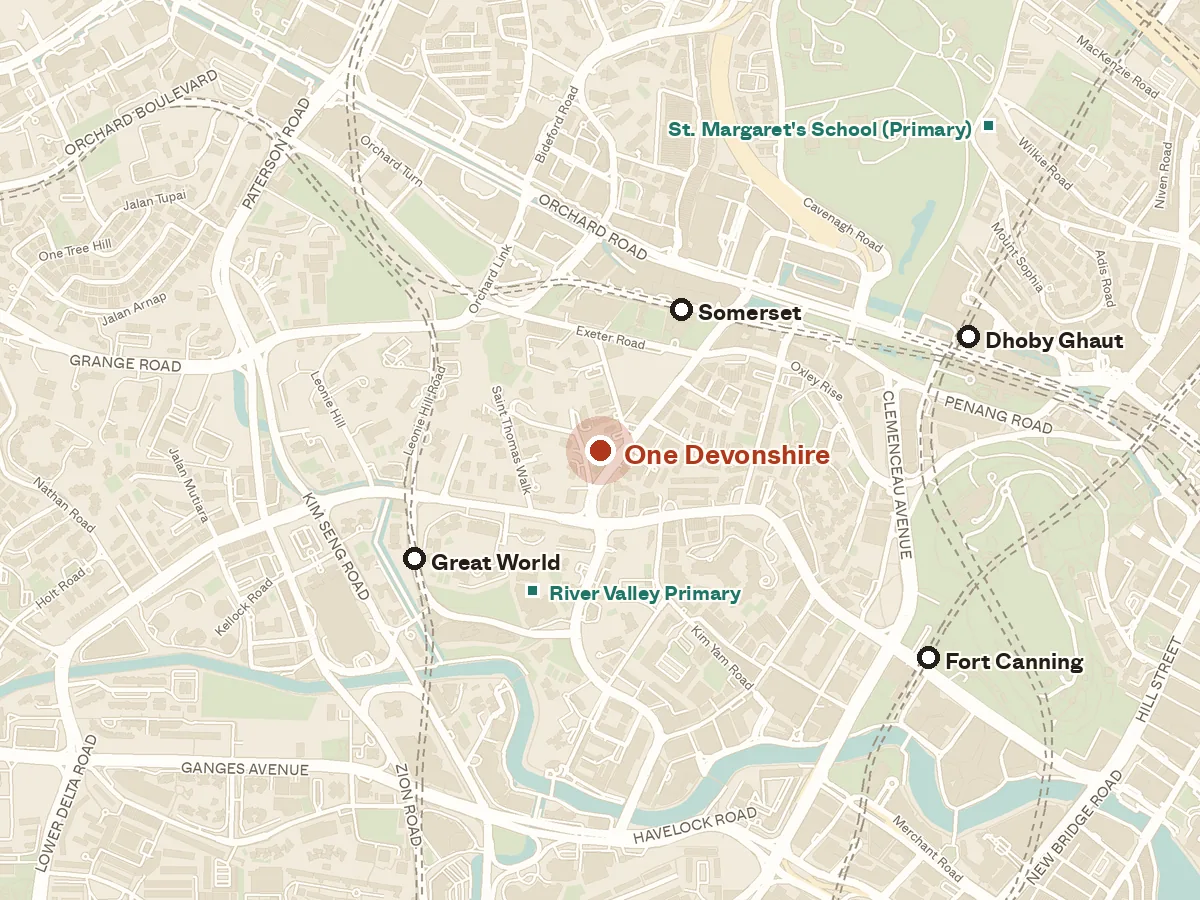 Map of the area around One Devonshire, with nearby MRT stations and primary schools