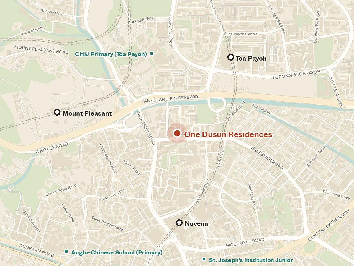 Map of the area around One Dusun Residences, with nearby MRT stations and primary schools