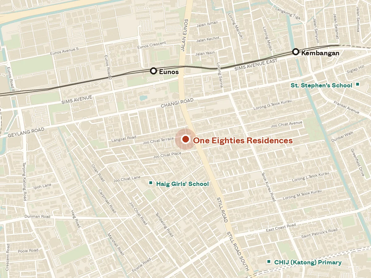 Map of the area around One Eighties Residences, with nearby MRT stations and primary schools