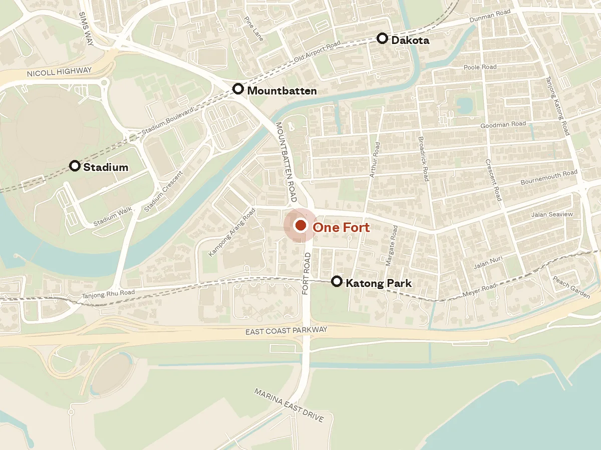 Map of the area around One Fort, with nearby MRT stations and primary schools