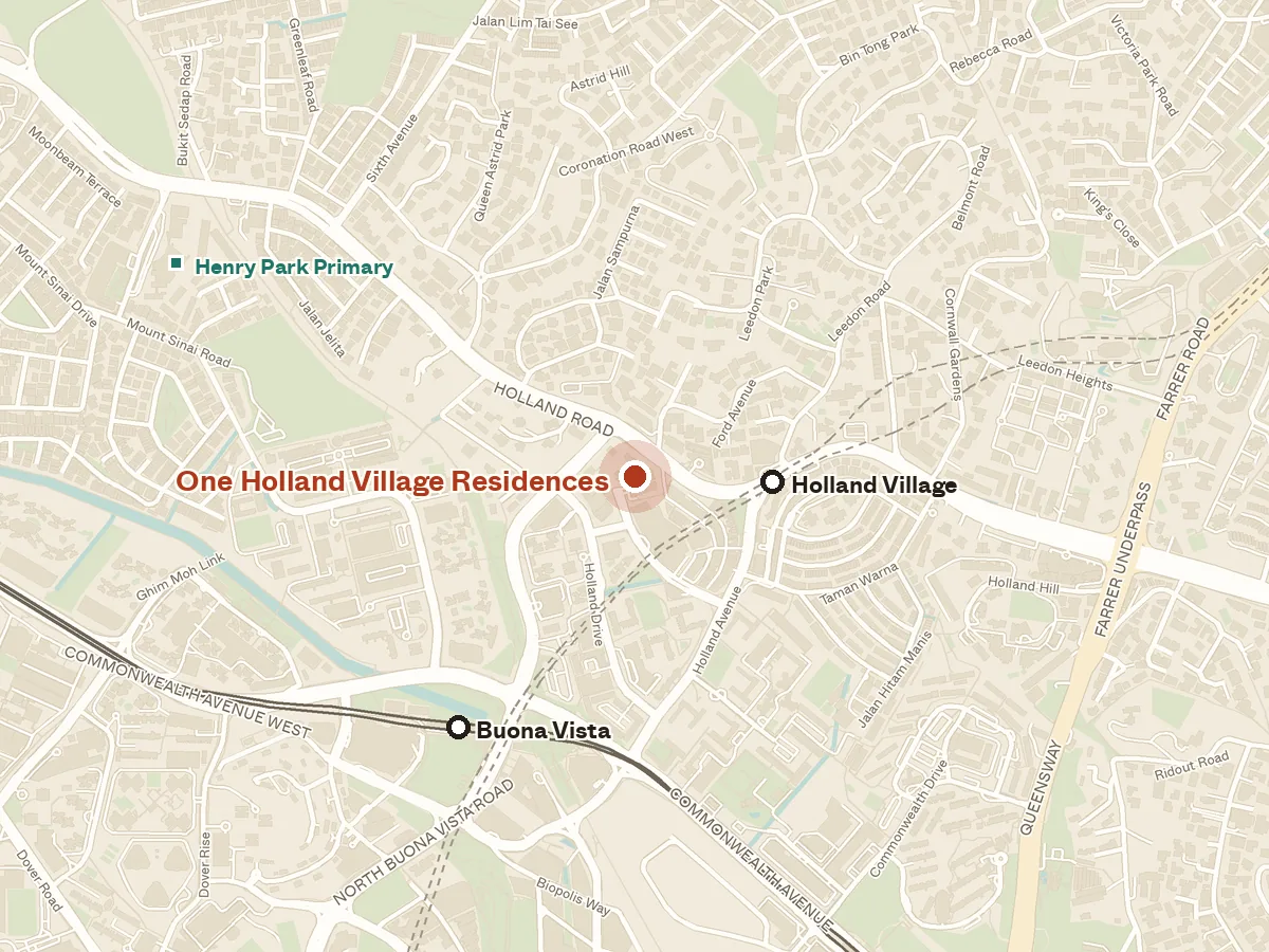Map of the area around One Holland Village Residences, with nearby MRT stations and primary schools