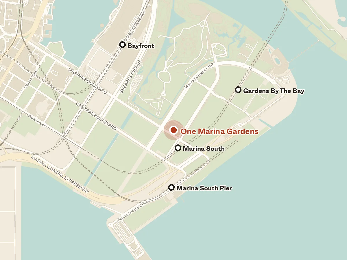 Map of the area around One Marina Gardens, with nearby MRT stations and primary schools