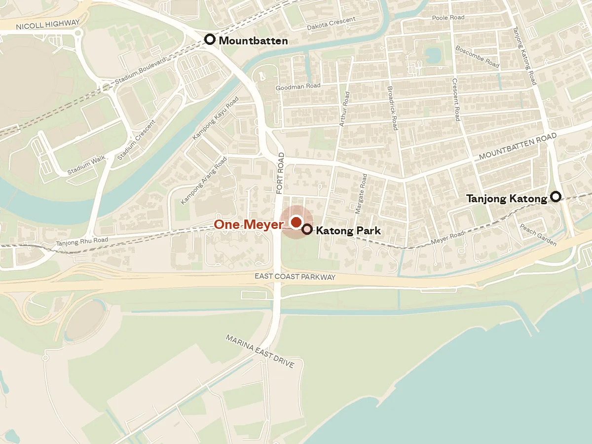 Map of the area around One Meyer, with nearby MRT stations and primary schools
