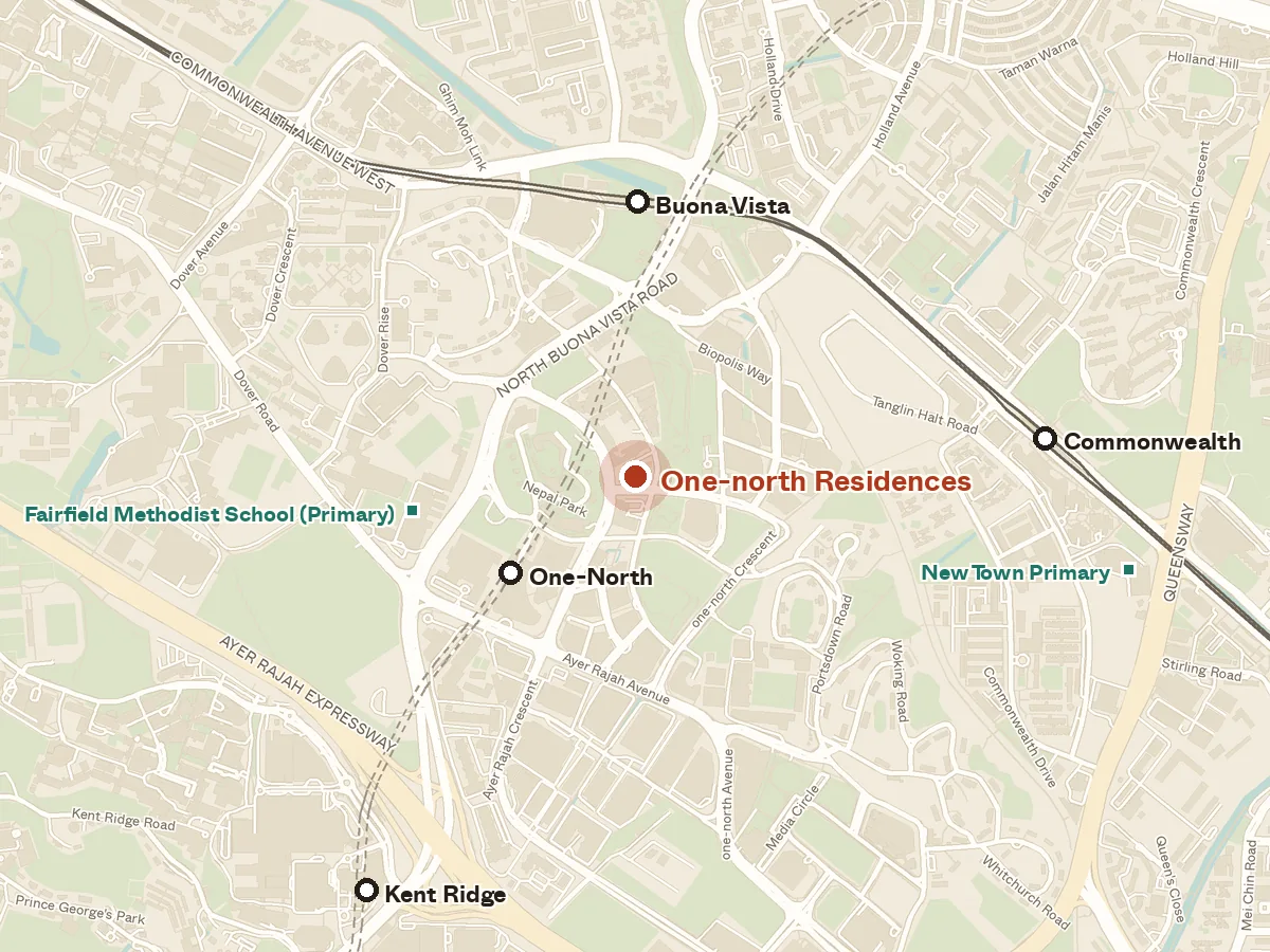Map of the area around One-north Residences, with nearby MRT stations and primary schools