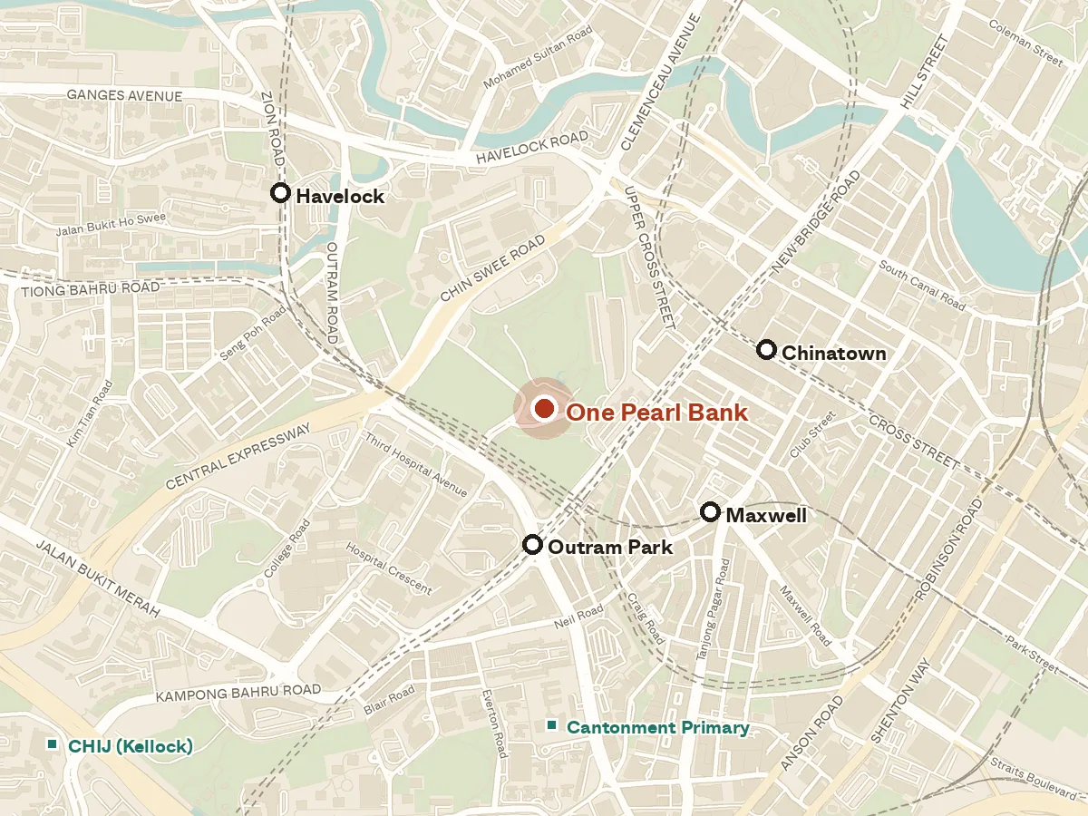 Map of the area around One Pearl Bank, with nearby MRT stations and primary schools
