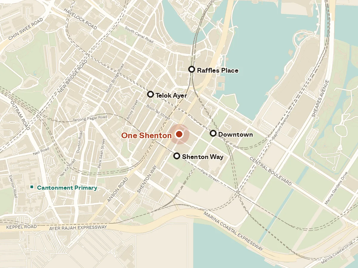 Map of the area around One Shenton, with nearby MRT stations and primary schools
