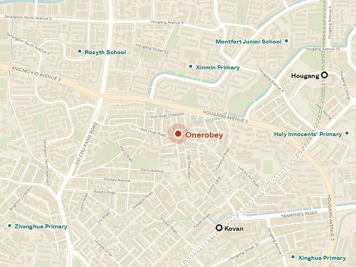 Map of the area around Onerobey, with nearby MRT stations and primary schools