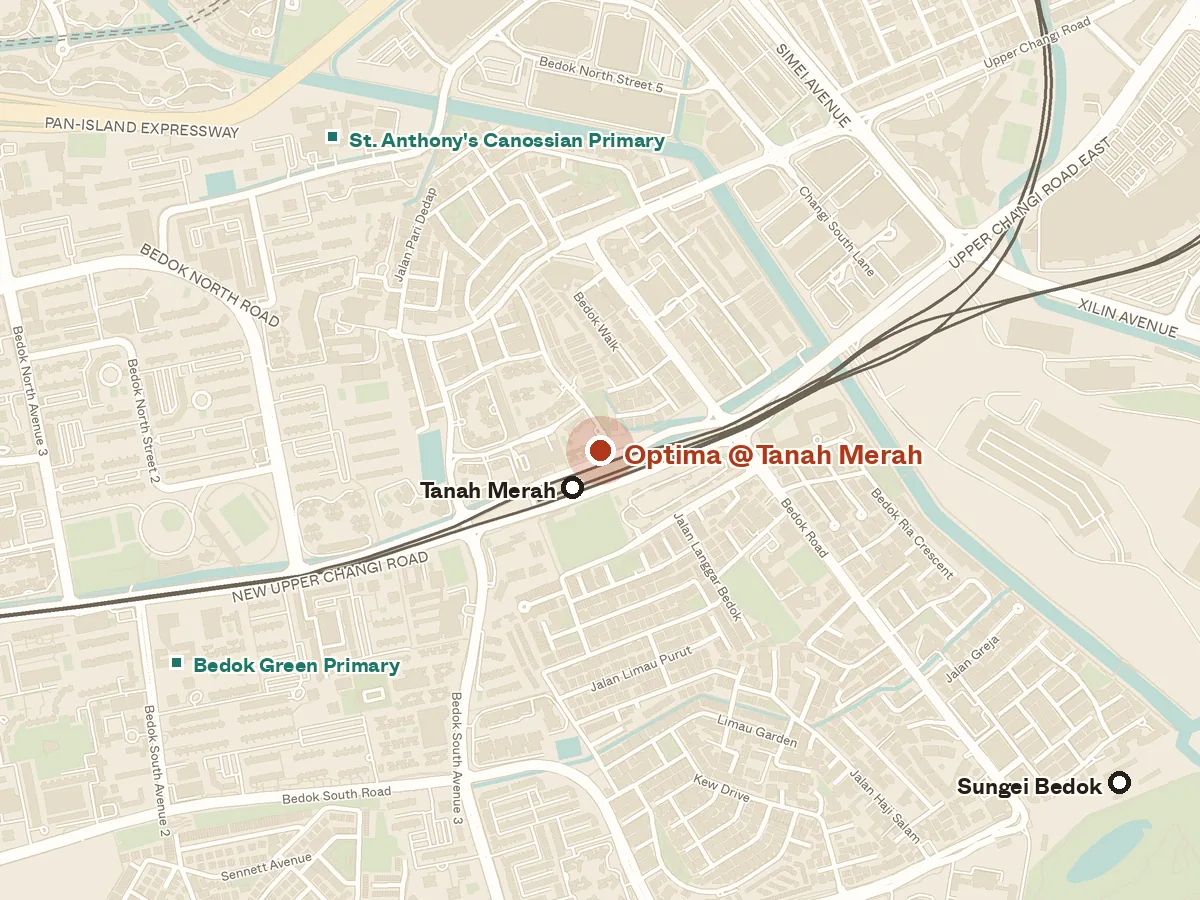 Map of the area around Optima @ Tanah Merah, with nearby MRT stations and primary schools