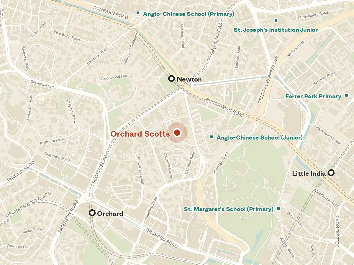 Map of the area around Orchard Scotts, with nearby MRT stations and primary schools