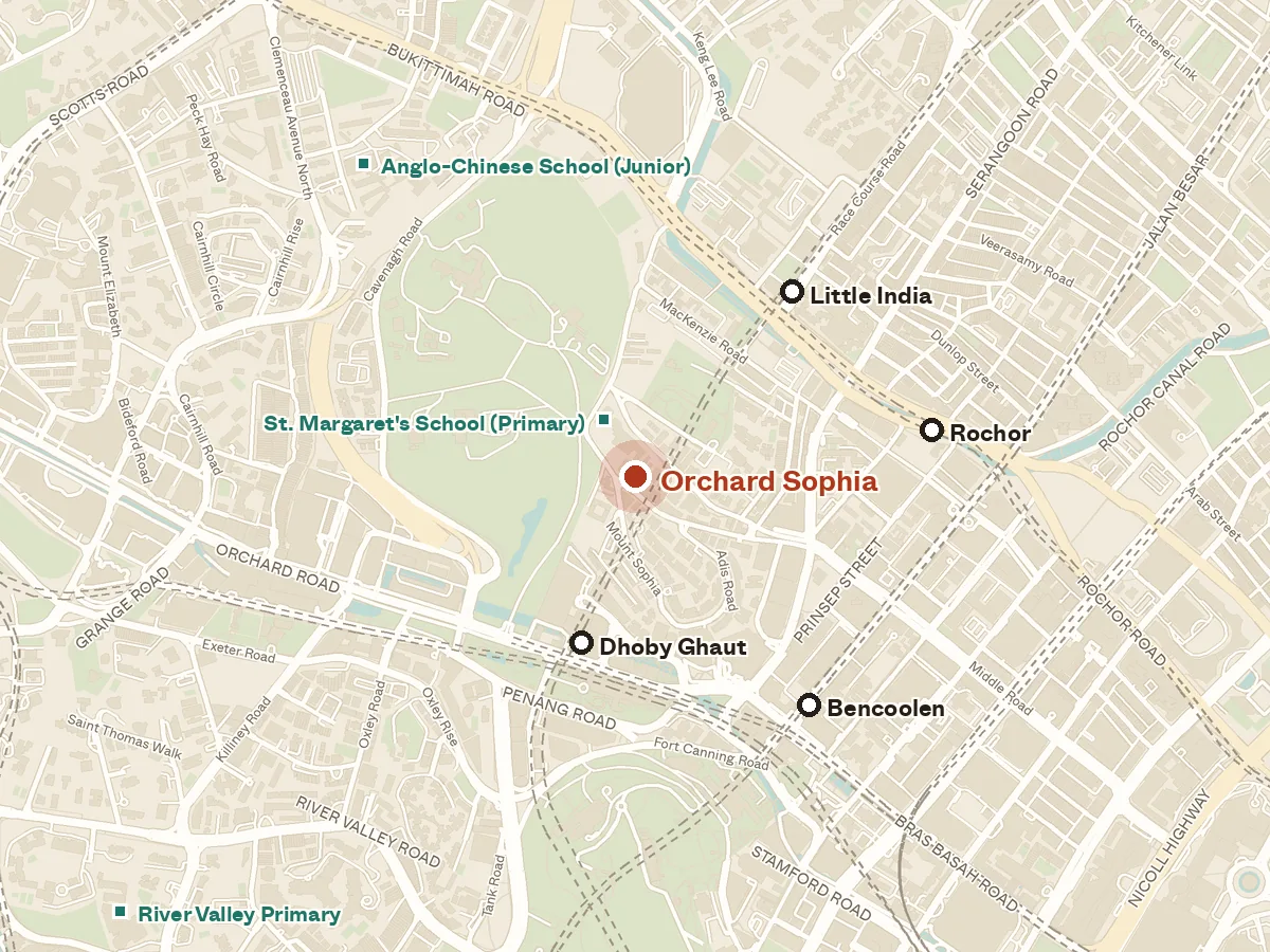 Map of the area around Orchard Sophia, with nearby MRT stations and primary schools