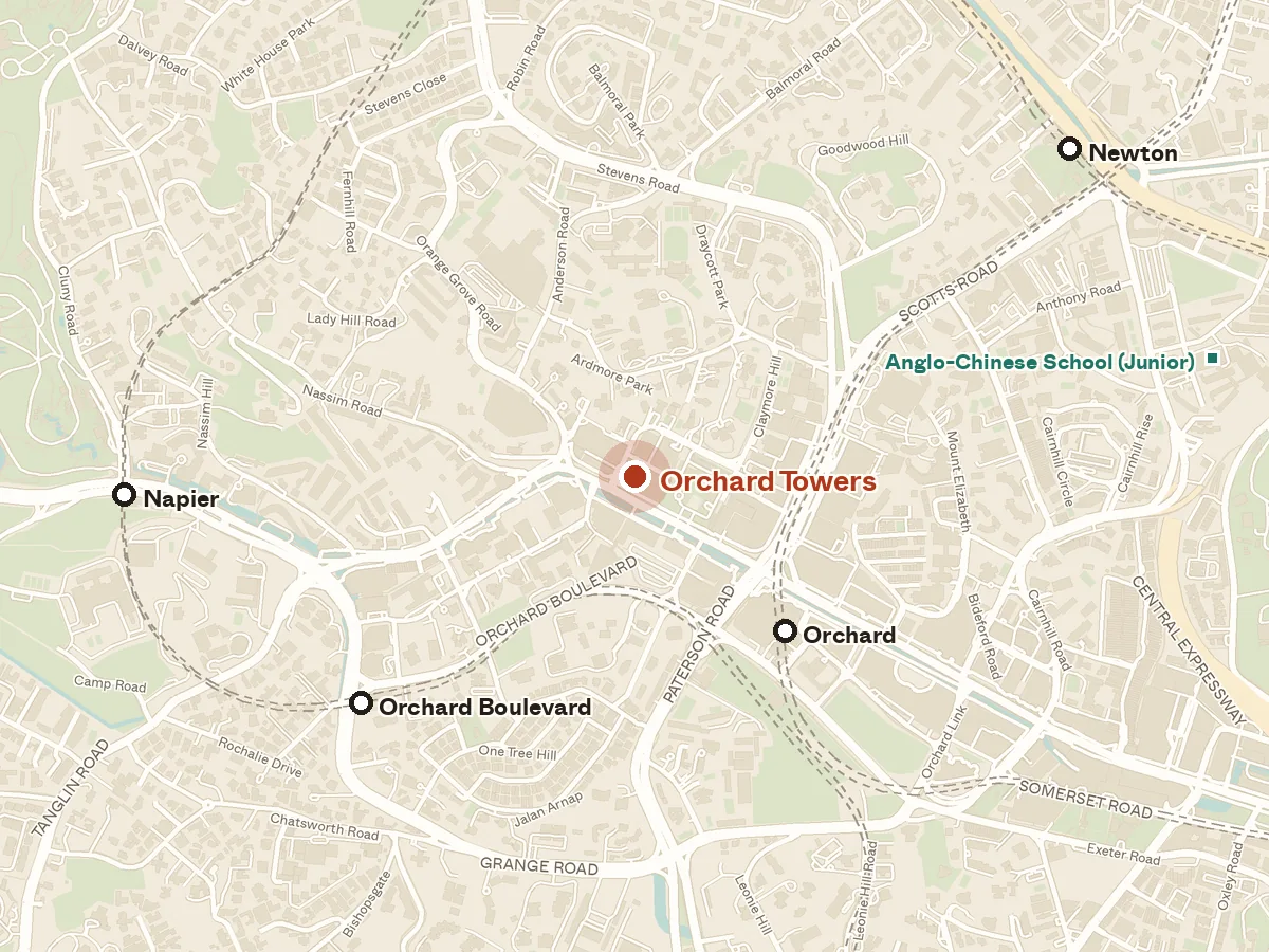 Map of the area around Orchard Towers, with nearby MRT stations and primary schools