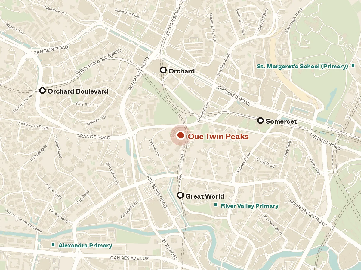 Map of the area around Oue Twin Peaks, with nearby MRT stations and primary schools