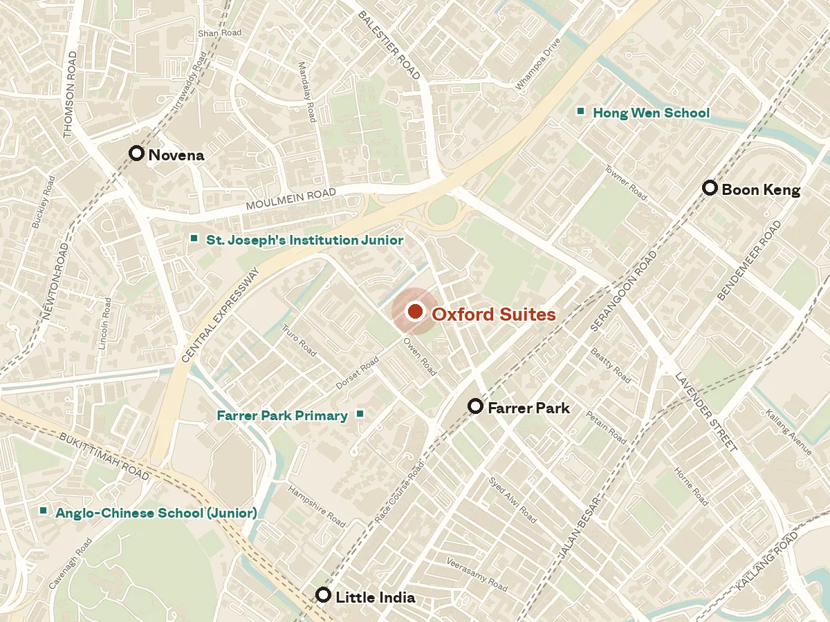 Map of the area around Oxford Suites, with nearby MRT stations and primary schools
