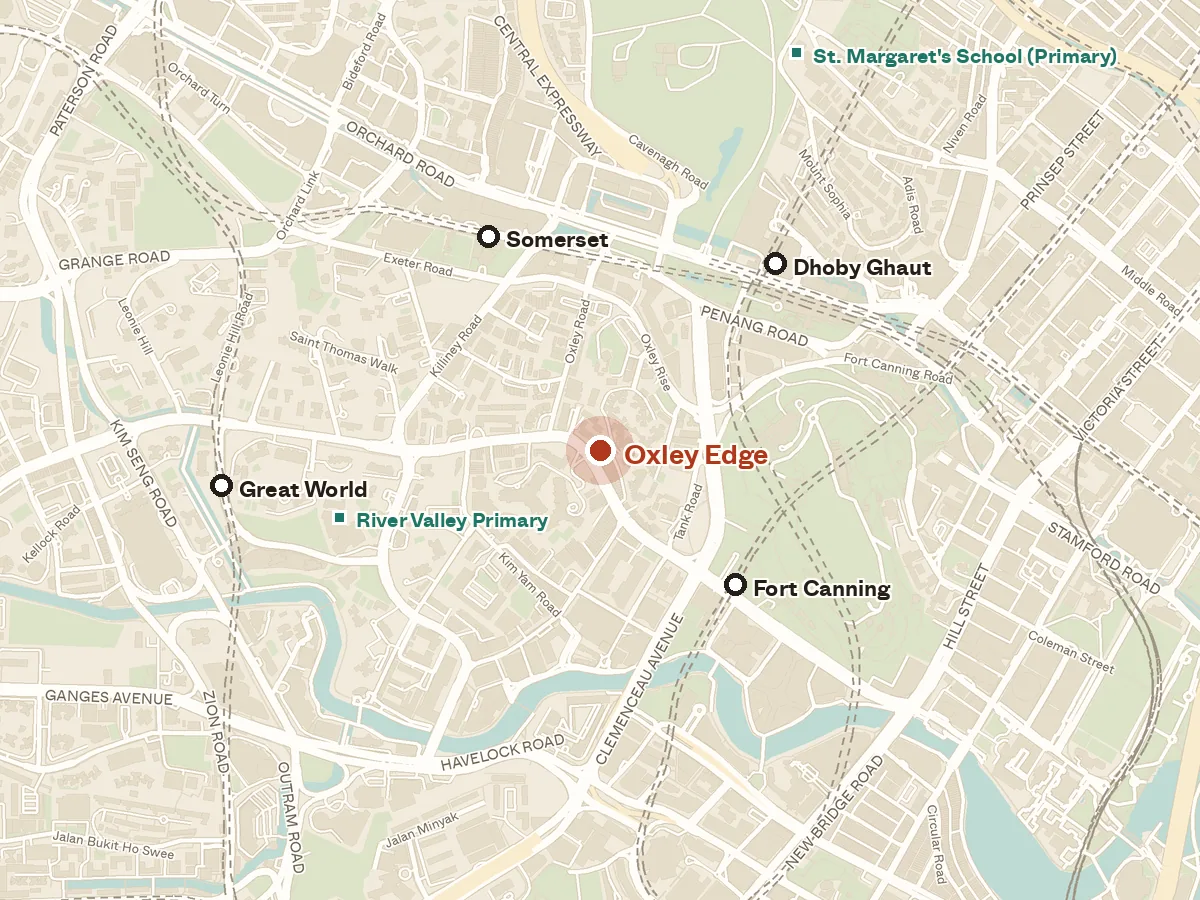 Map of the area around Oxley Edge, with nearby MRT stations and primary schools