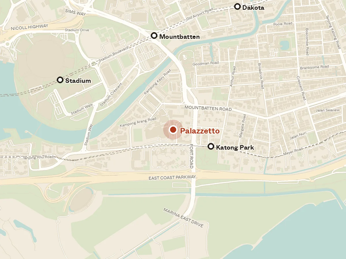 Map of the area around Palazzetto, with nearby MRT stations and primary schools