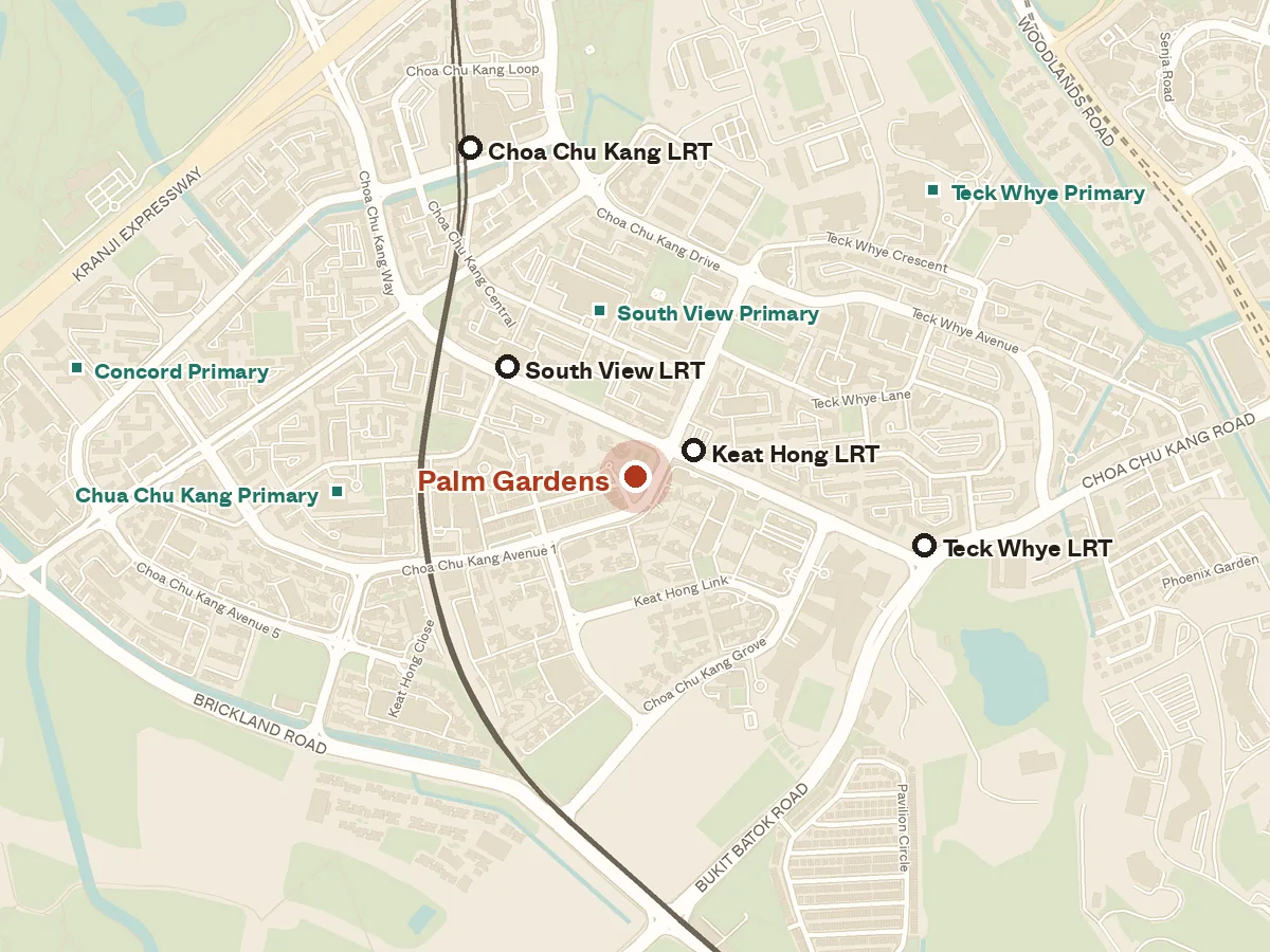 Map of the area around Palm Gardens, with nearby MRT stations and primary schools