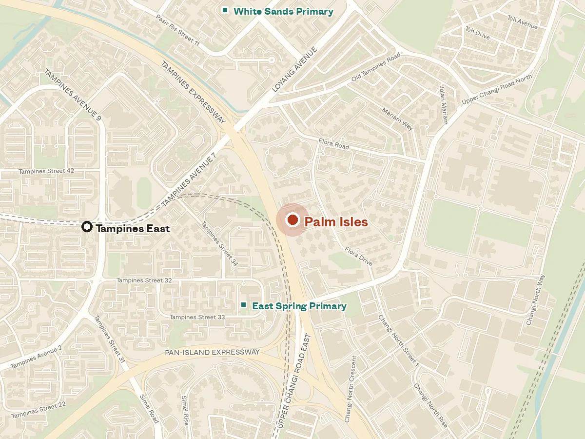 Map of the area around Palm Isles, with nearby MRT stations and primary schools