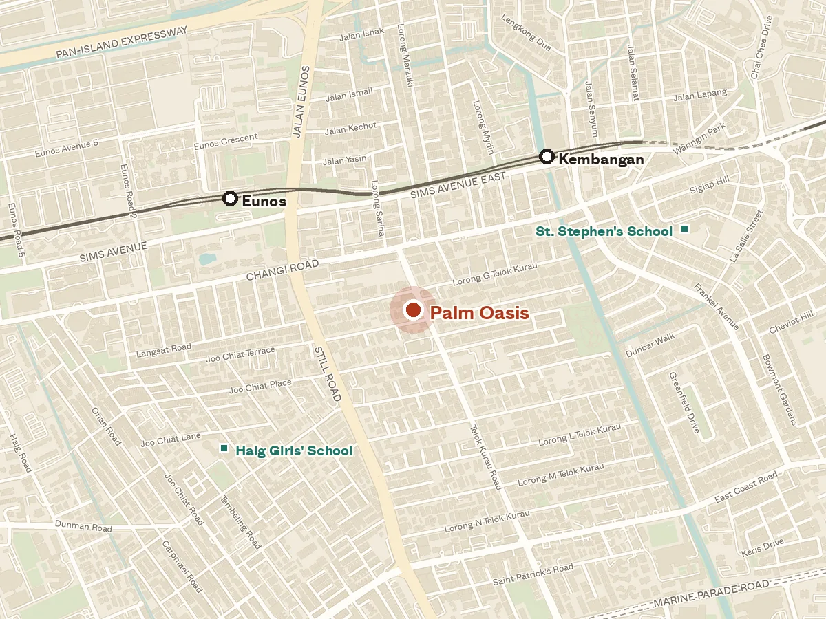Map of the area around Palm Oasis, with nearby MRT stations and primary schools