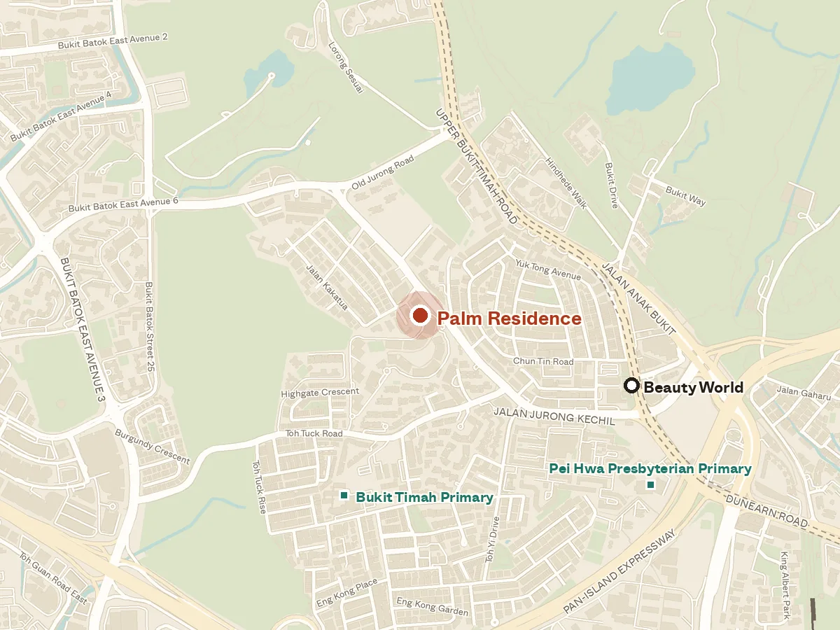 Map of the area around Palm Residence, with nearby MRT stations and primary schools