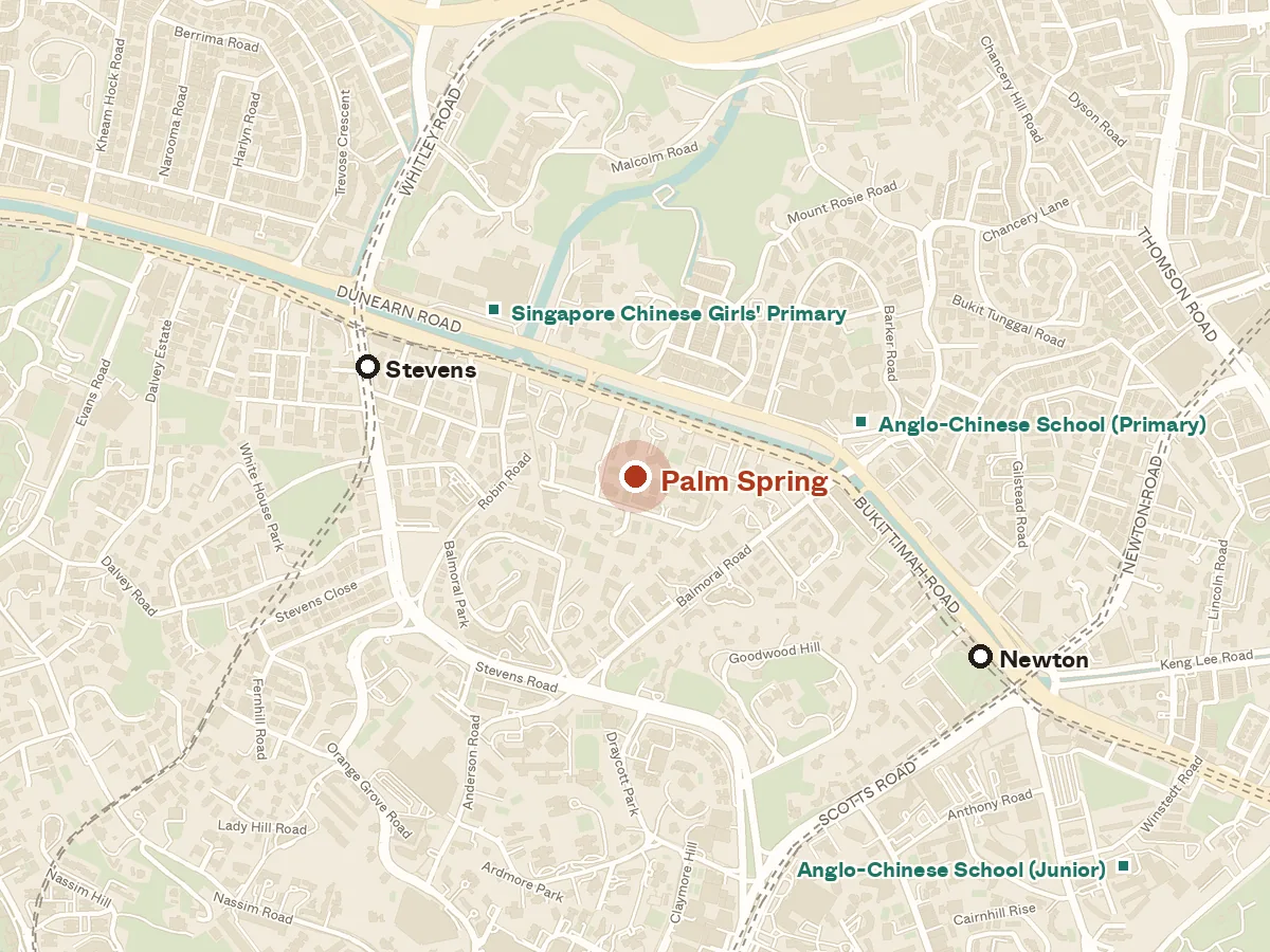 Map of the area around Palm Spring, with nearby MRT stations and primary schools