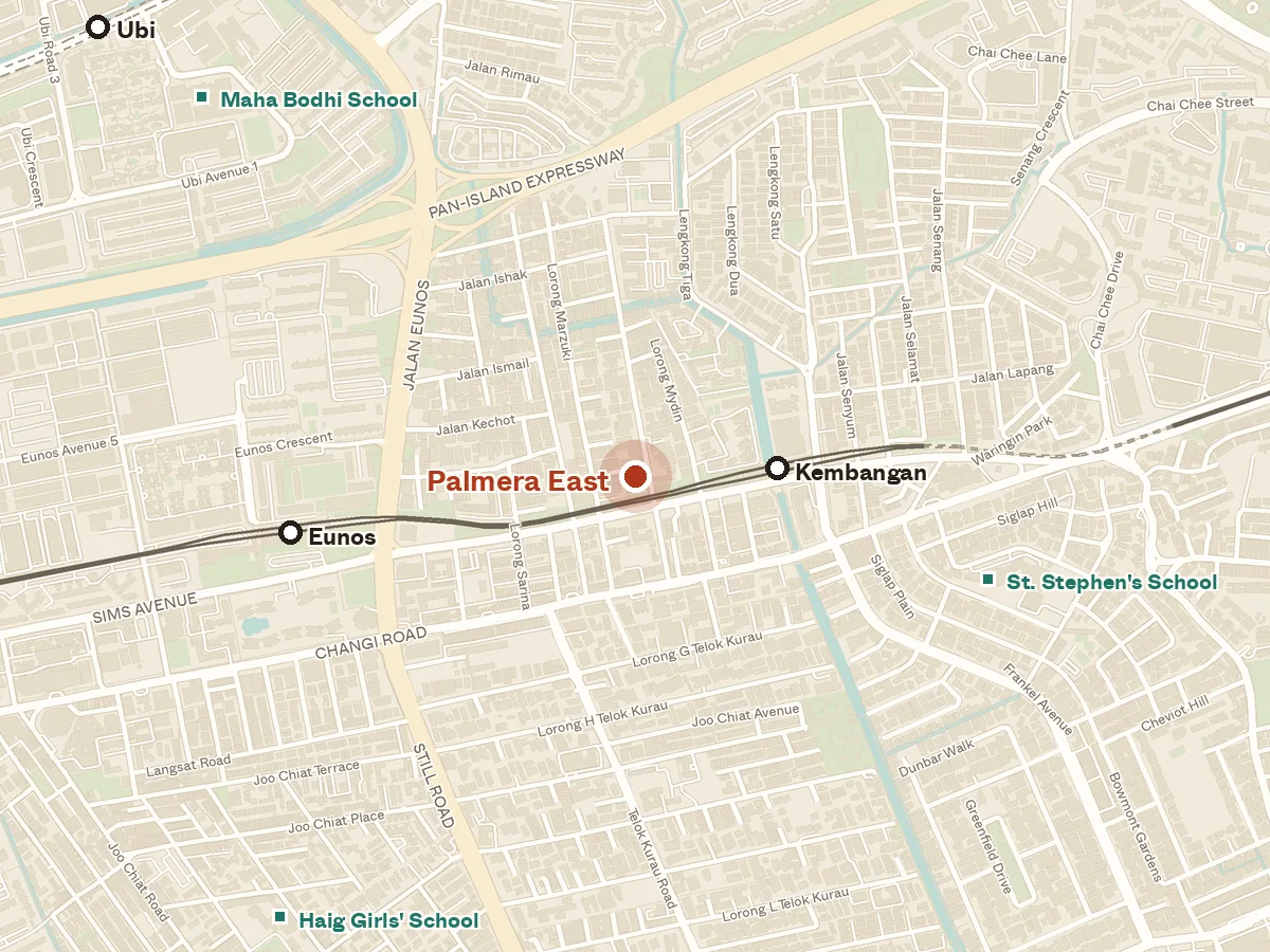 Map of the area around Palmera East, with nearby MRT stations and primary schools