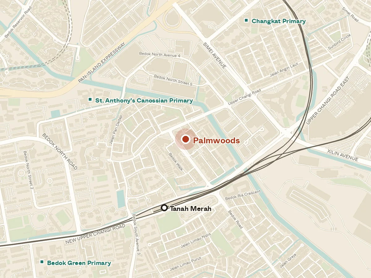 Map of the area around Palmwoods, with nearby MRT stations and primary schools