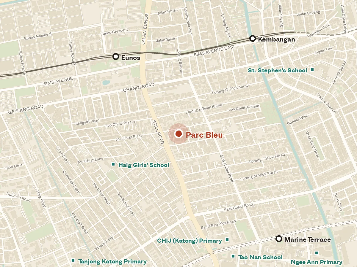 Map of the area around Parc Bleu, with nearby MRT stations and primary schools