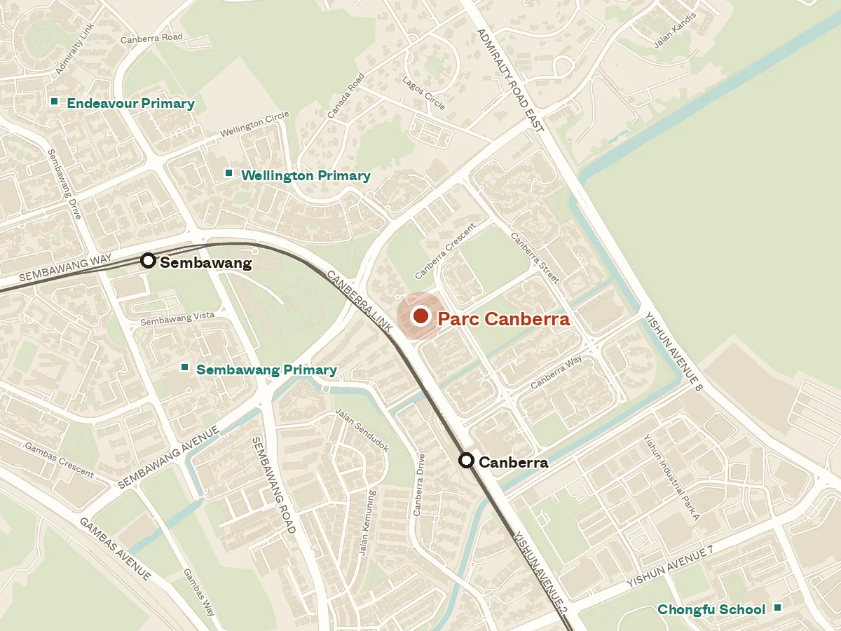 Map of the area around Parc Canberra, with nearby MRT stations and primary schools