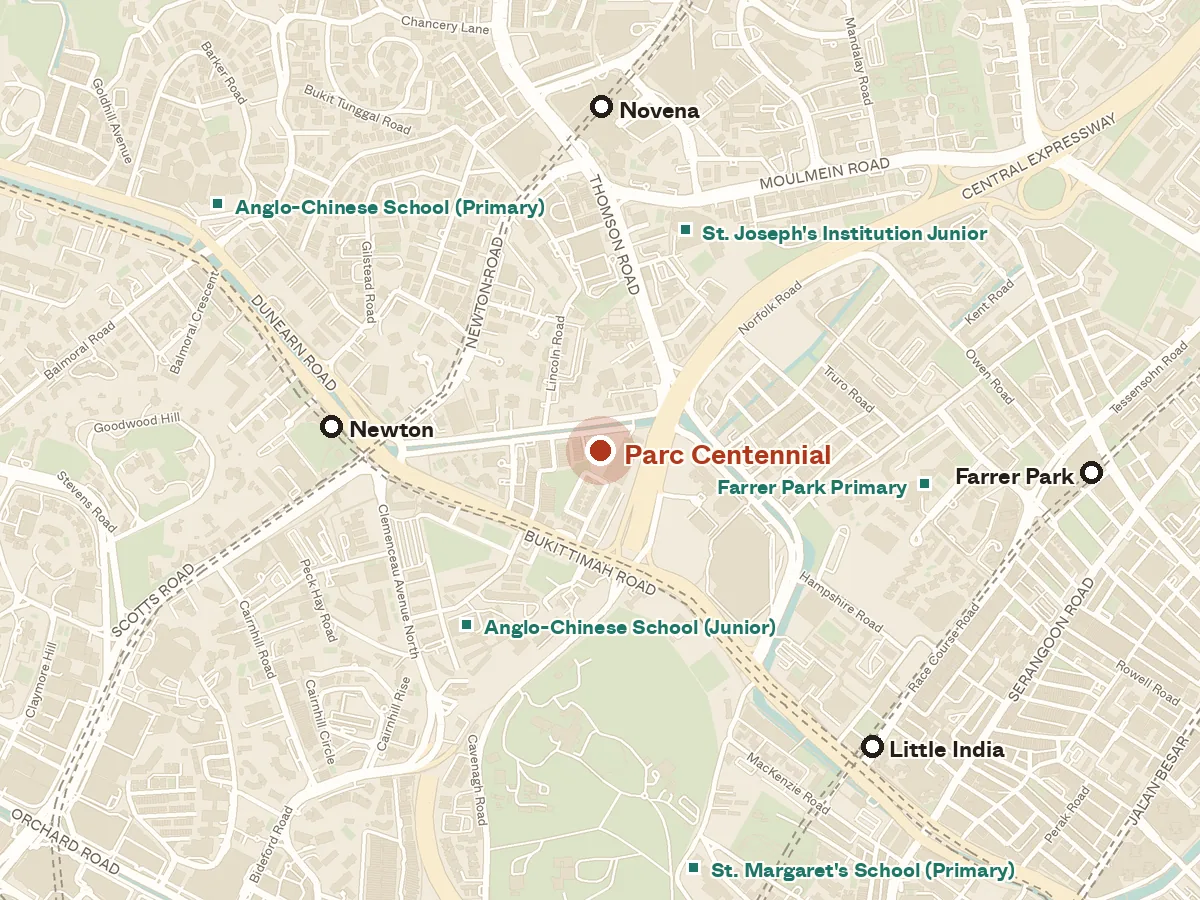 Map of the area around Parc Centennial, with nearby MRT stations and primary schools