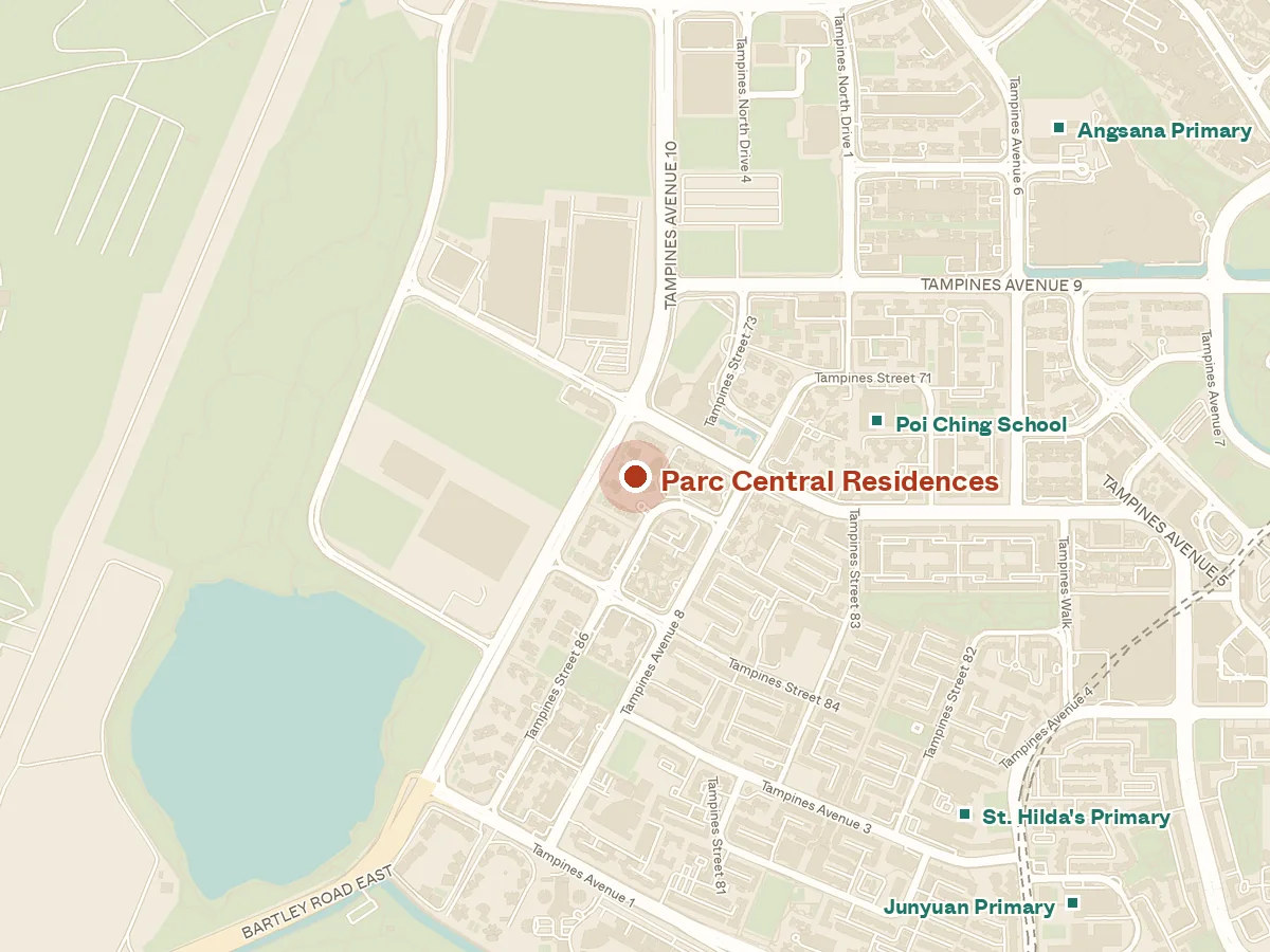 Map of the area around Parc Central Residences, with nearby MRT stations and primary schools