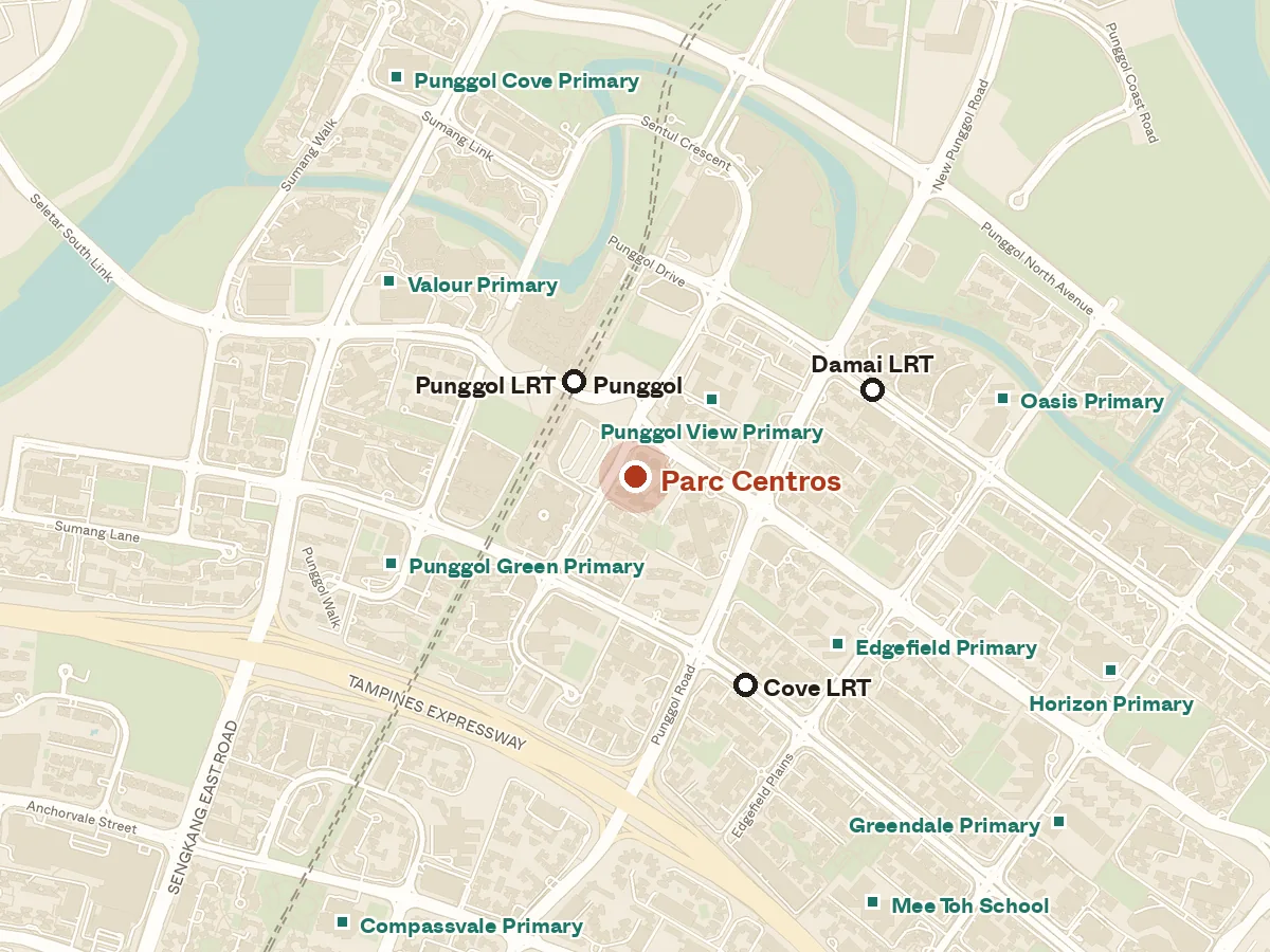 Map of the area around Parc Centros, with nearby MRT stations and primary schools