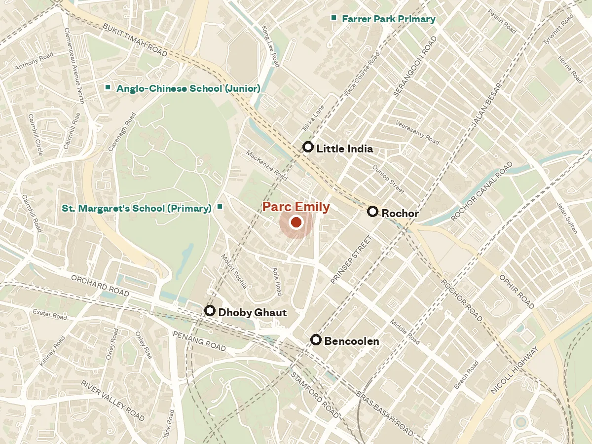 Map of the area around Parc Emily, with nearby MRT stations and primary schools