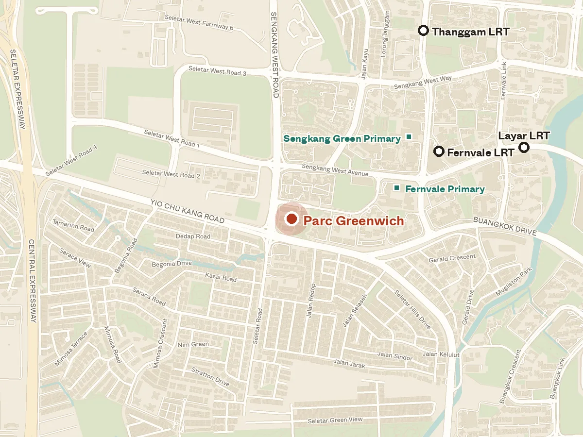 Map of the area around Parc Greenwich, with nearby MRT stations and primary schools